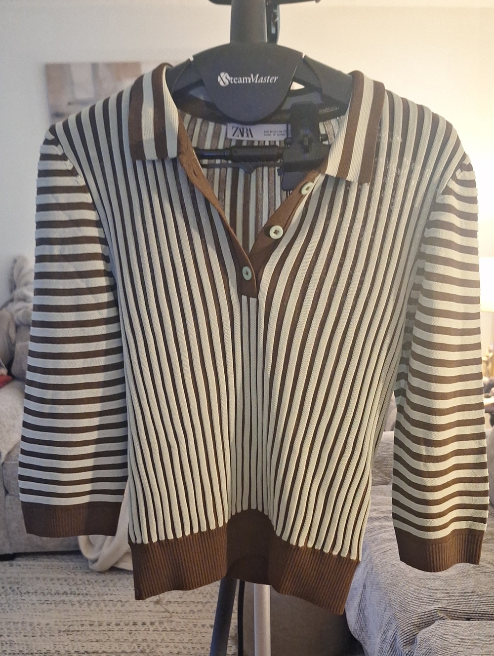 Zara Brown and Cream Striped V-Neck Polo Sweater NWT